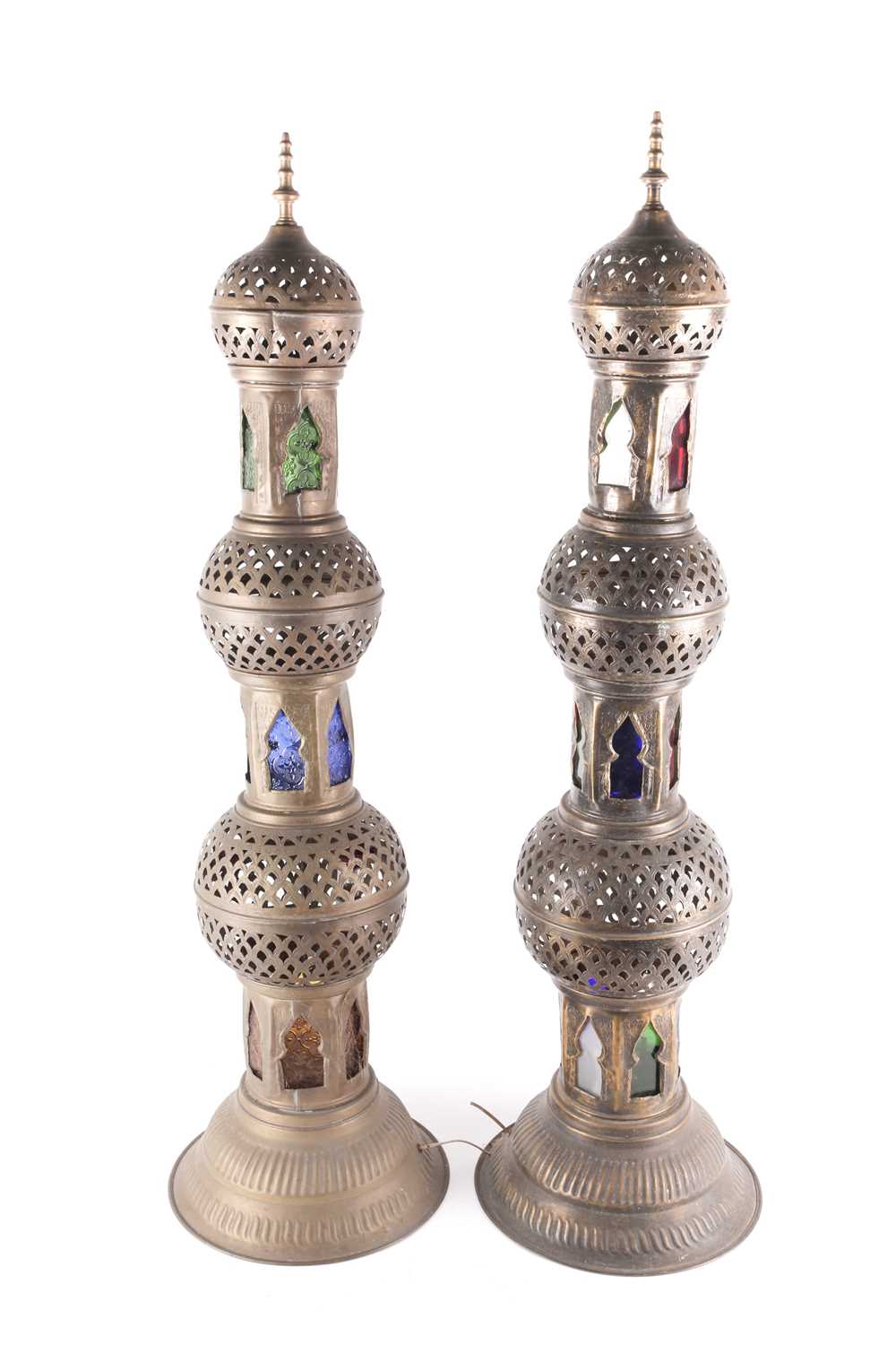 A pair of Middle eastern floor-standing Mosque lamps, converted to electricity, with pierced brass - Image 2 of 5