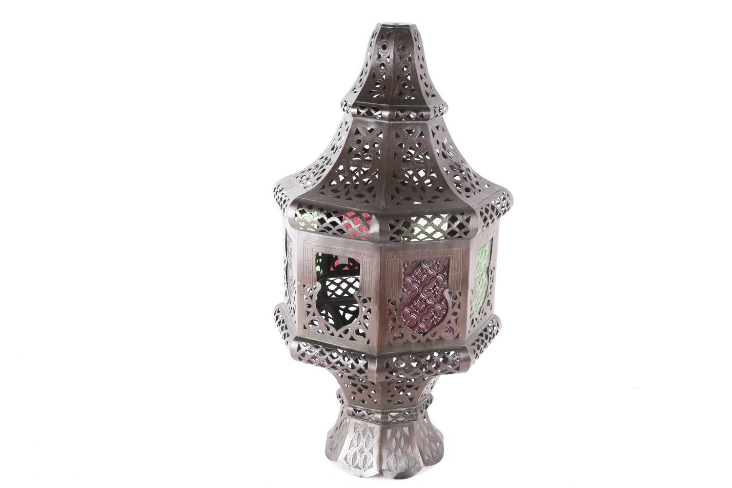 A Middle Eastern brass and coloured-glass Mosque lamp, of octagonal form, for floor or hanging - Image 3 of 6