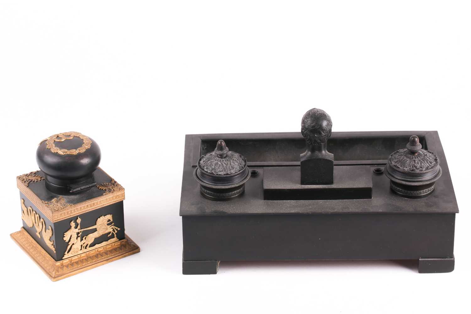 A late 19th century ebonised metalware desk stand, in the French Empire style with a bust of - Image 3 of 3