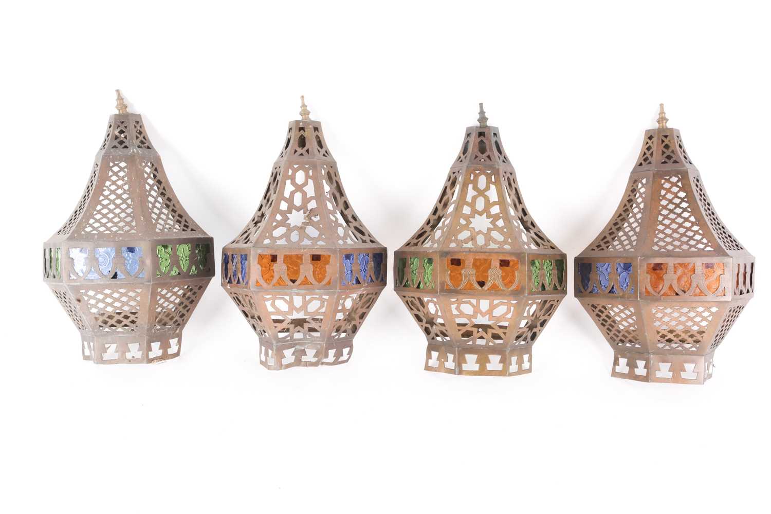 A Middle Eastern brass and coloured-glass Mosque lamp, of octagonal form, for floor or hanging - Image 4 of 6