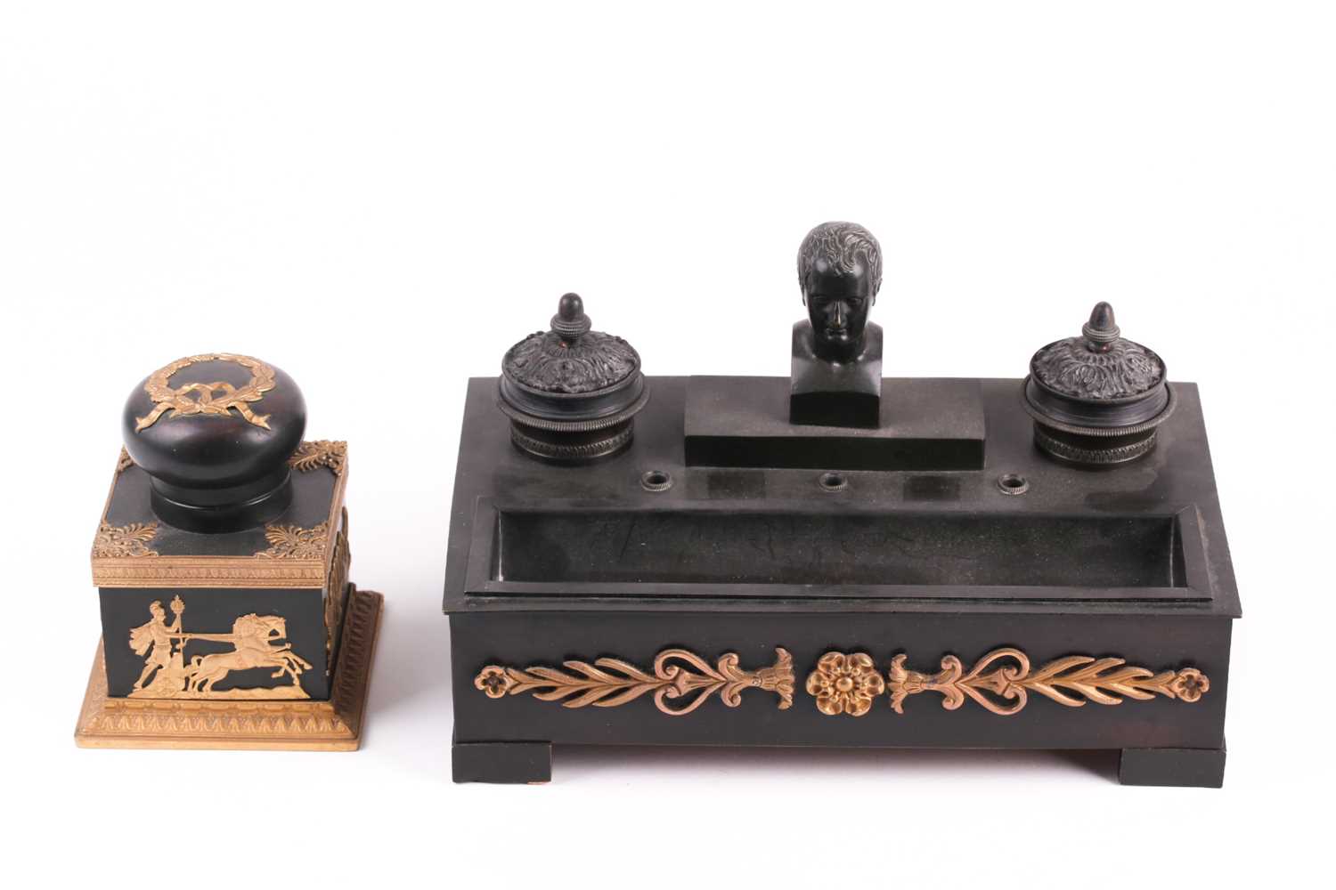 A late 19th century ebonised metalware desk stand, in the French Empire style with a bust of - Image 2 of 3