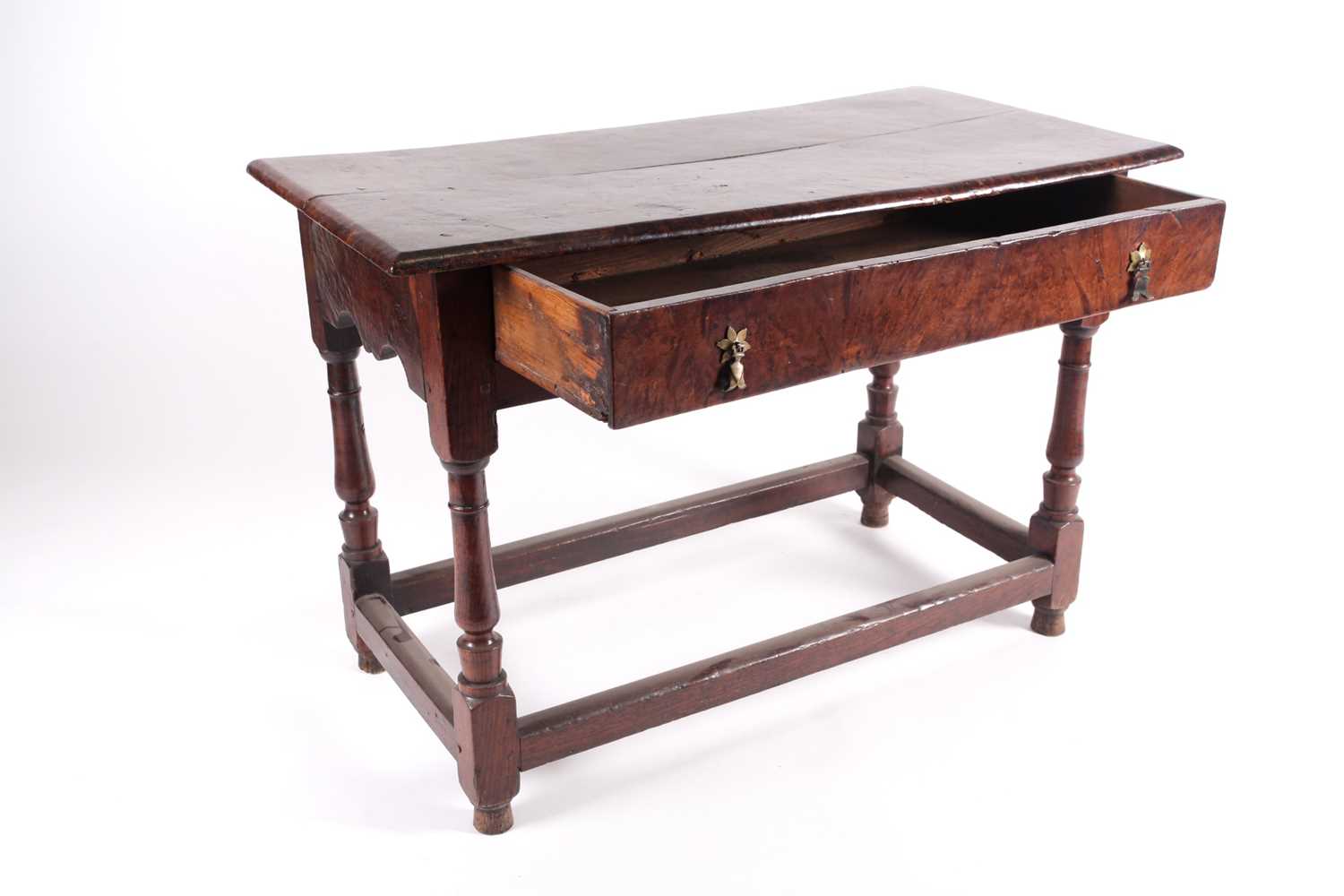 An unusual late 17th-century burr elm and oak single drawer rectangular side table, the top and - Image 2 of 10