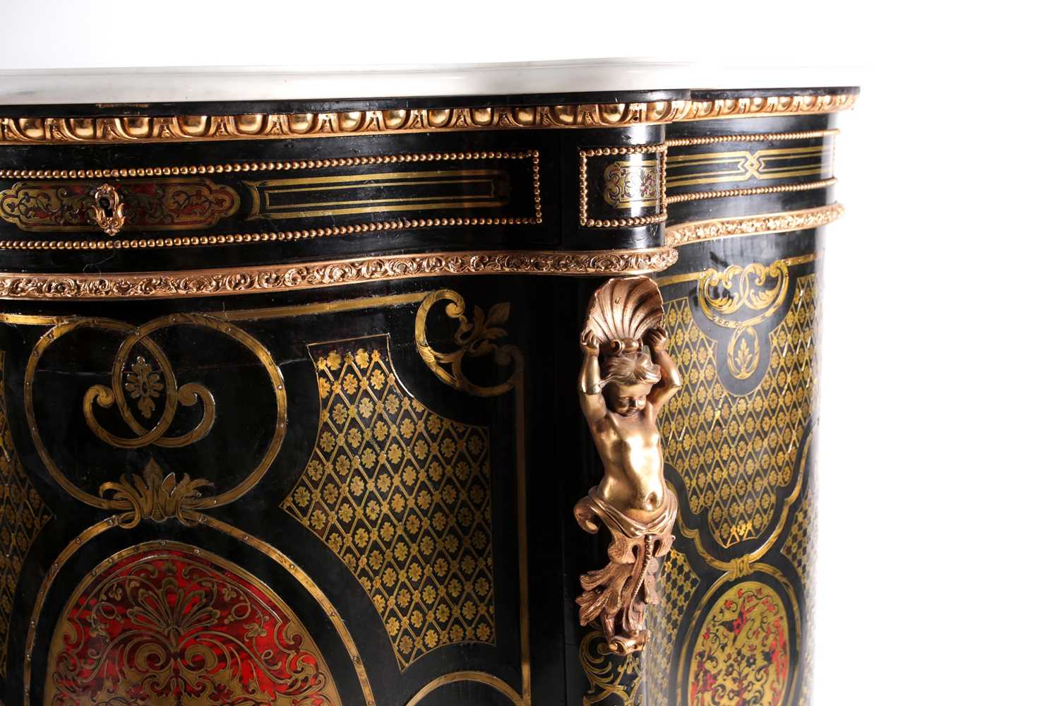 A 19th century French ebonized and red Boulle inlaid serpentine single door credenza, with shaped - Image 5 of 8