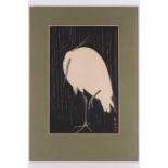Ohara Koson (Japan, 1877 - 1945), White heron standing in the rain, woodblock print, the margin with
