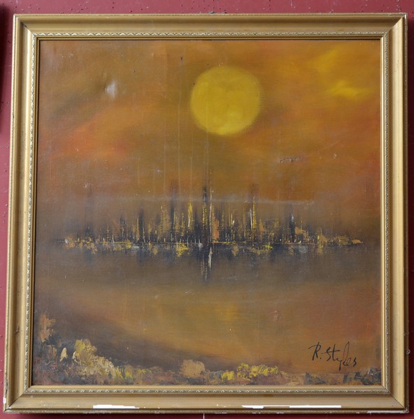R. Styles (contemporary) City Sunset, signed, oil on canvas, 90cm x 90cm, framed