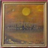 R. Styles (contemporary) City Sunset, signed, oil on canvas, 90cm x 90cm, framed