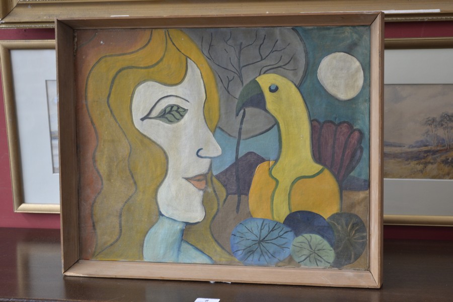 Abstract School (mid-20th century) Lady and Parrot oil on canvas, 40cm x 51cm - Image 2 of 2