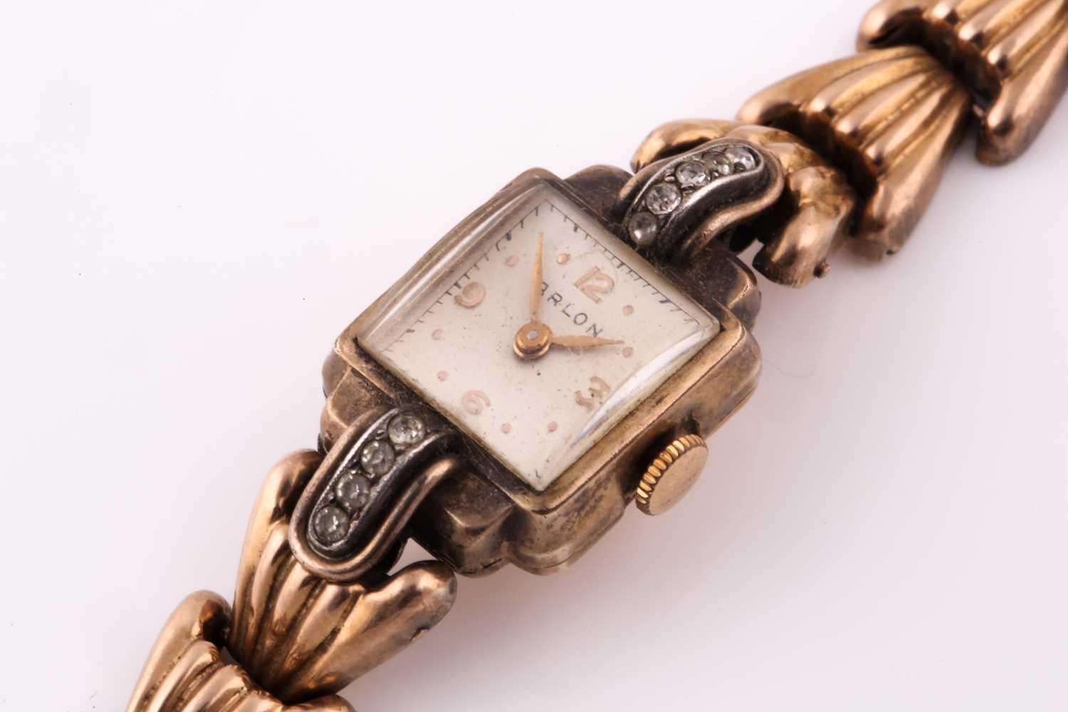 A gold plated cocktail watch; the square champagne dial with Arabic and baton numerals and five - Bild 2 aus 4
