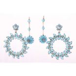 A pair of Victorian turquoise and rose diamond pendant earrings; the domed, pavé set turquoise drops