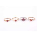 A 9ct yellow gold and pink sapphire ring, size N, together with two 9ct yellow gold and orange