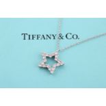 Tiffany & Co. A platinum and diamond star-shaped pendant, approximately 1.8 cm wide, suspended on