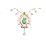 An 18 carat yellow gold, emerald, and diamond necklace. Comprising a central detachable pendant with