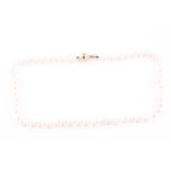 Single row cultured pearl naecklace, light cream pearls averaging 7mm diameter, yellow spherical