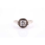 A single stone diamond ring, the old cushion-cut diamond measuring approximately 6.3 x 6.3 x 4.6 mm,