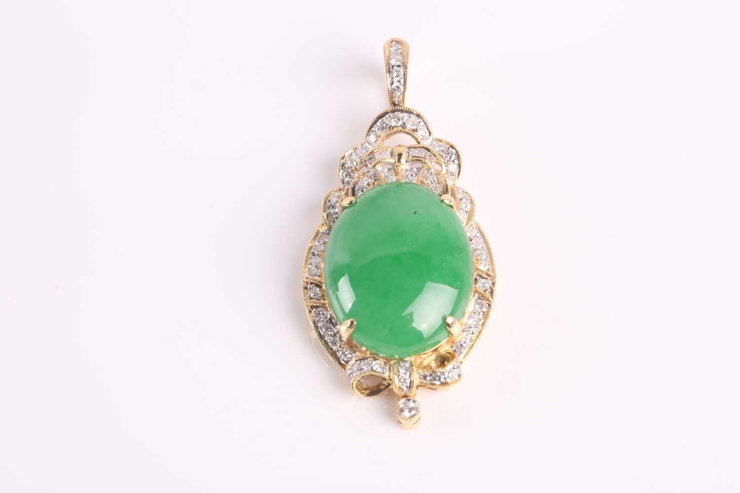 A yellow metal, diamond, and jade pendant, set with a round jade plaque, the stylised mount set with