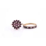 A 9ct yellow gold and ruby cluster ring, size L, together with a yellow metal, ruby, and white stone
