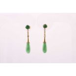 A pair of jade drop earrings, each with a claw set round cabochon above an elongated drop, to 9ct