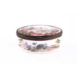 18th century navette shape enamel patch box, painted with stag hunting scene to the hinged lid and