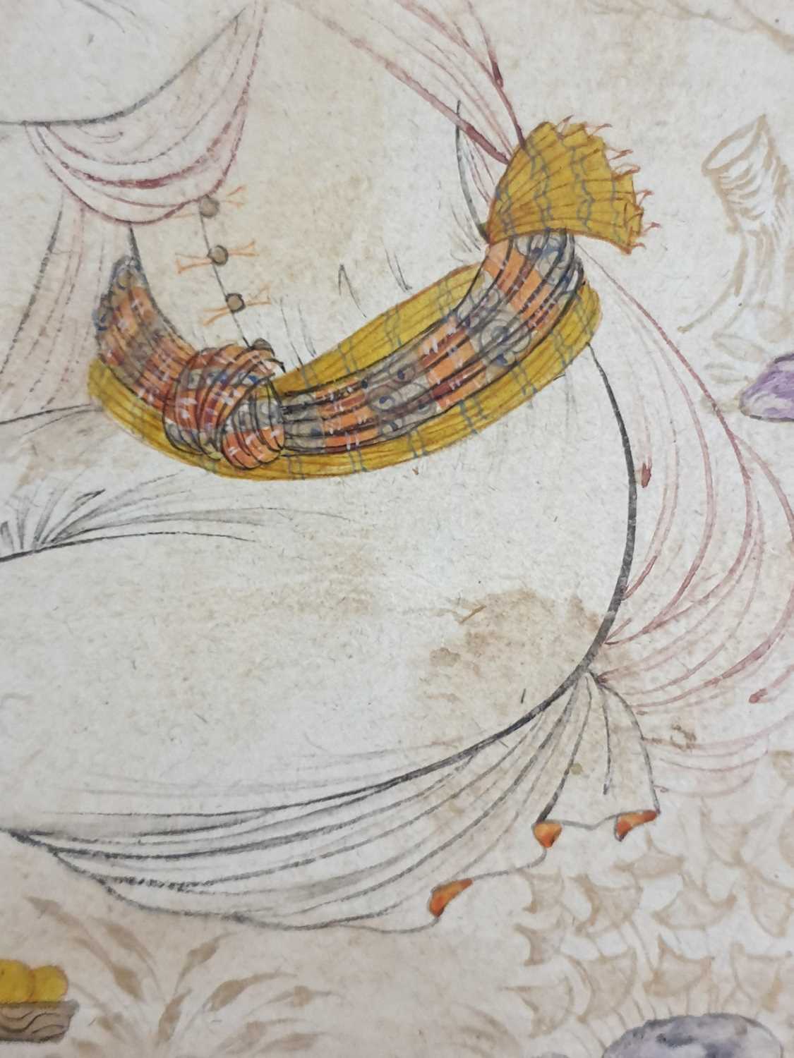 Mughal school, 19th century, a nim qalam pen and coloured ink Prince in a garden, kneeling whilst - Image 4 of 7