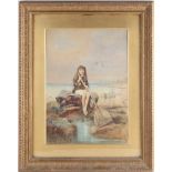 19th century school, a young girl with a fishing net, seated on a rock, unsigned watercolour, 39
