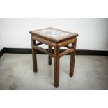 A Chinese hardwood vase stand, early 20th century, the rectangular top with inset grey/white