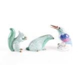 A Herend porcelain model of a badger, 7.4 cm high, together with a Herend kingfisher and a