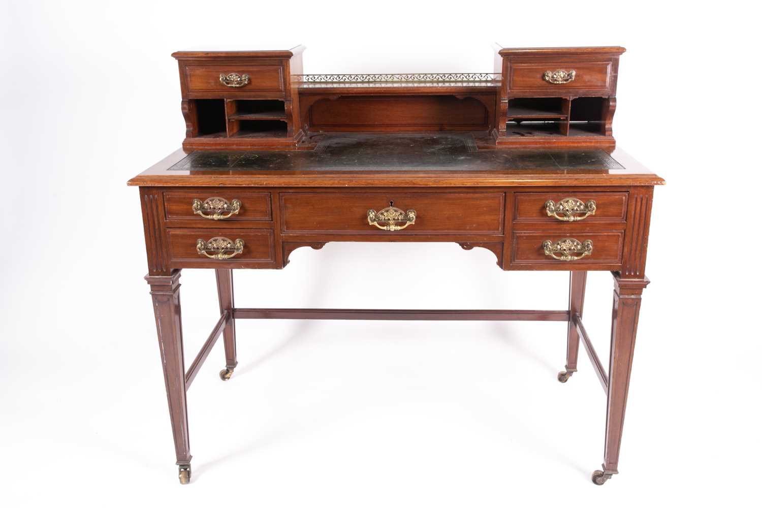 An Edwardian mahogany Bonheur du Jour with small drawers and pigeon holes above a leathered top, the - Image 12 of 12