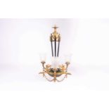 A French Empire style gilt bronze and Japaned iron hanging colza style three sconce electrolier.