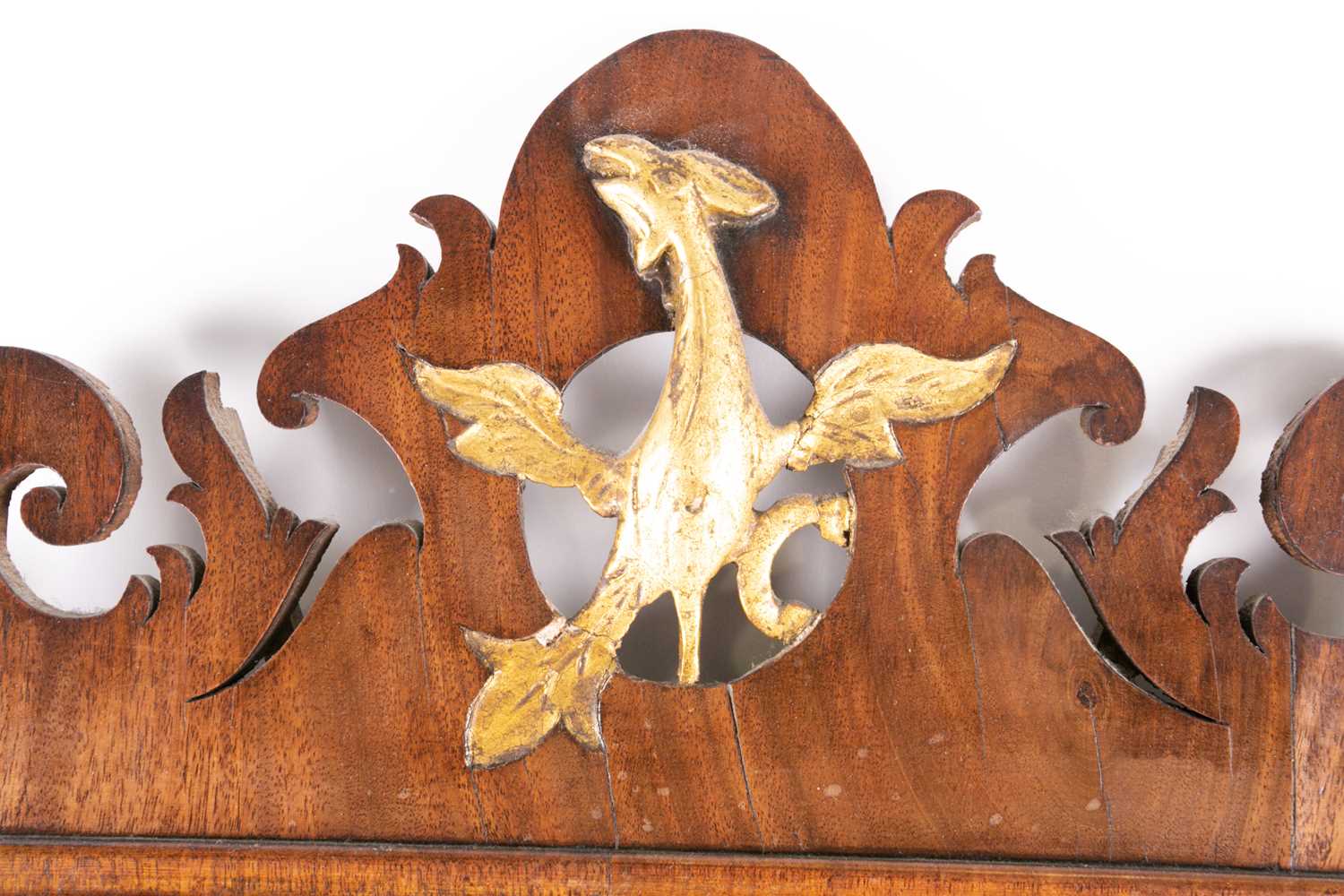 A George III mahogany scroll framed wall mirror, with carved pierced and gilt "HoHo" bird - Image 2 of 3