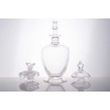 A modern Lalique France clear glass decanter of shouldered form, 25.5 cm high, together with two