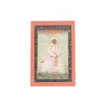 Indo/Persian school, a full length standing profile portrait of a dark skinned Shah, finely