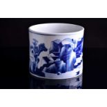 A large Chinese blue & white Kangxi style bitong, of cylindrical form, painted with a landscape of