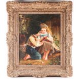 19th century Continental school, a young girl knitting, while a boys looks on, oil on panel,