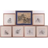 A set of six Chinese Taoist immortals, early 20th century, watercolour, each with red seal mark,