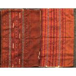 Four similar 20th-century brick red ground Turkoman Chuval (bedding bags). With simple bands of