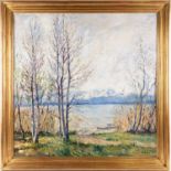 Otto Eduard Pippel (1878-1960), trees with lake and a mountainous scene beyond, impasto oil on