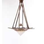 An Art Deco style gilt brass hanging electrolier. The geometric star-shaped frame with conical