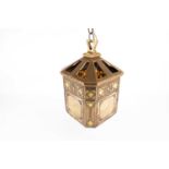 An early to mid-20th century brass ceiling lampshade, Art Nouveau in style with opaline glass