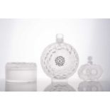 A modern Lalique France 'Dahlia' pattern scent bottle, frosted and enamelled glass with stopper,