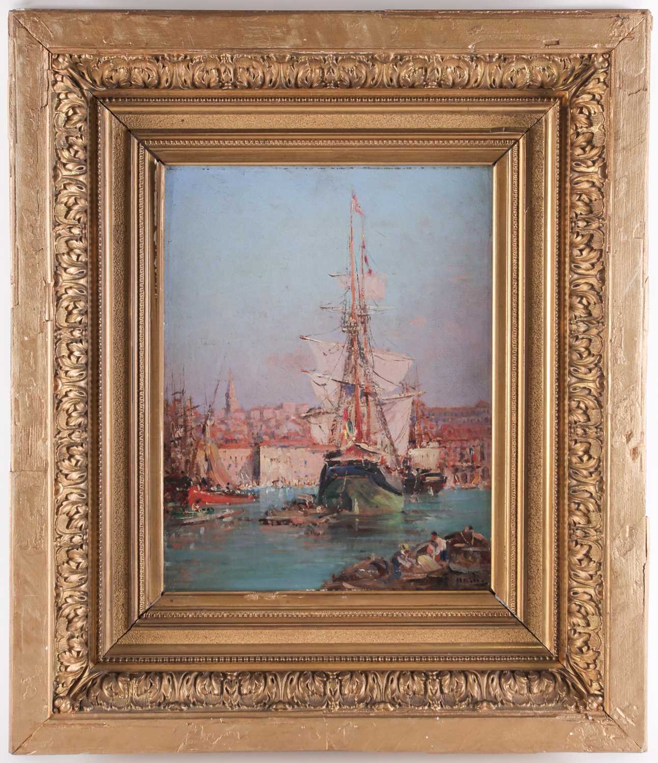 Francois Nardi (1861-1936) French, a harbour scene, oil on canvas, signed to lower right corner,