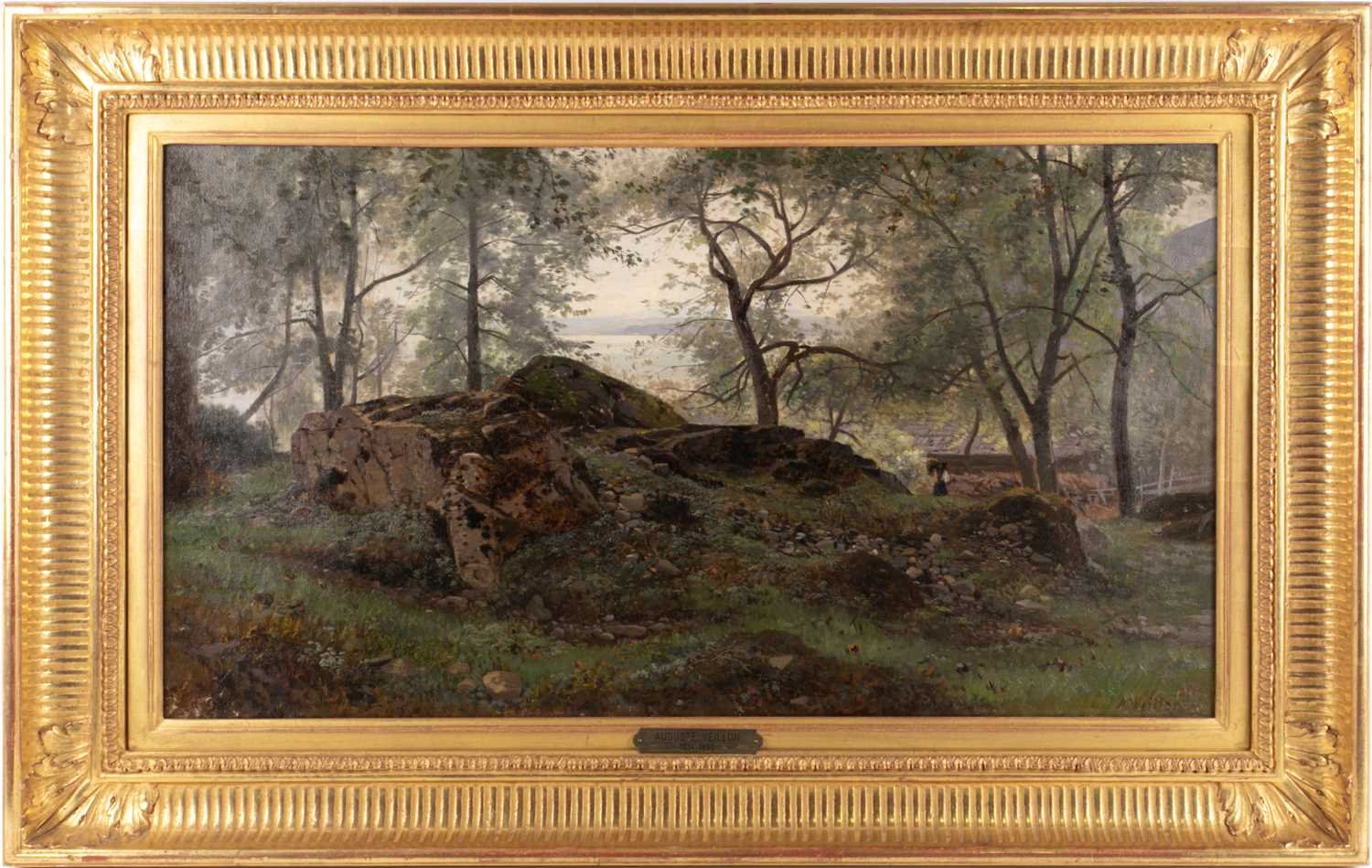 Auguste Louis Veillon (1834-1890), a forest scene with a figure and lake beyond, signed to lower