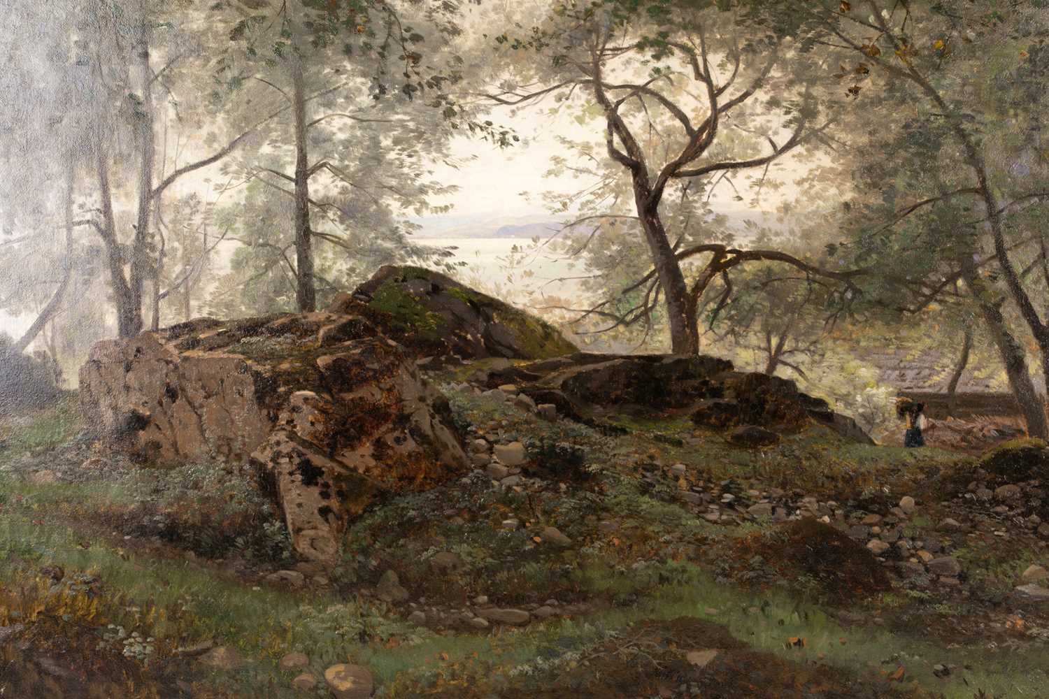 Auguste Louis Veillon (1834-1890), a forest scene with a figure and lake beyond, signed to lower - Image 2 of 5