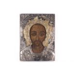 19th century Greek school, a portrait of Christ, tempera on board, with silver and silver gilt