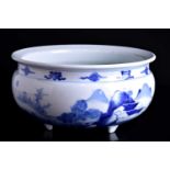 A large Chinese porcelain blue & white Kangxi style censer, painted with scholarly figures in a