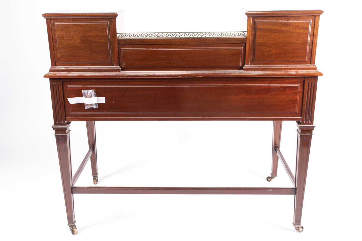 An Edwardian mahogany Bonheur du Jour with small drawers and pigeon holes above a leathered top, the - Image 3 of 12