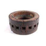 An 18th-century oak nautical capstan hub, now with a copper liner to form an impressive bowl. 46