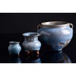 Two Chinese jun ware censers and a two earred jar, Yuan/Ming or later, the small censer with a
