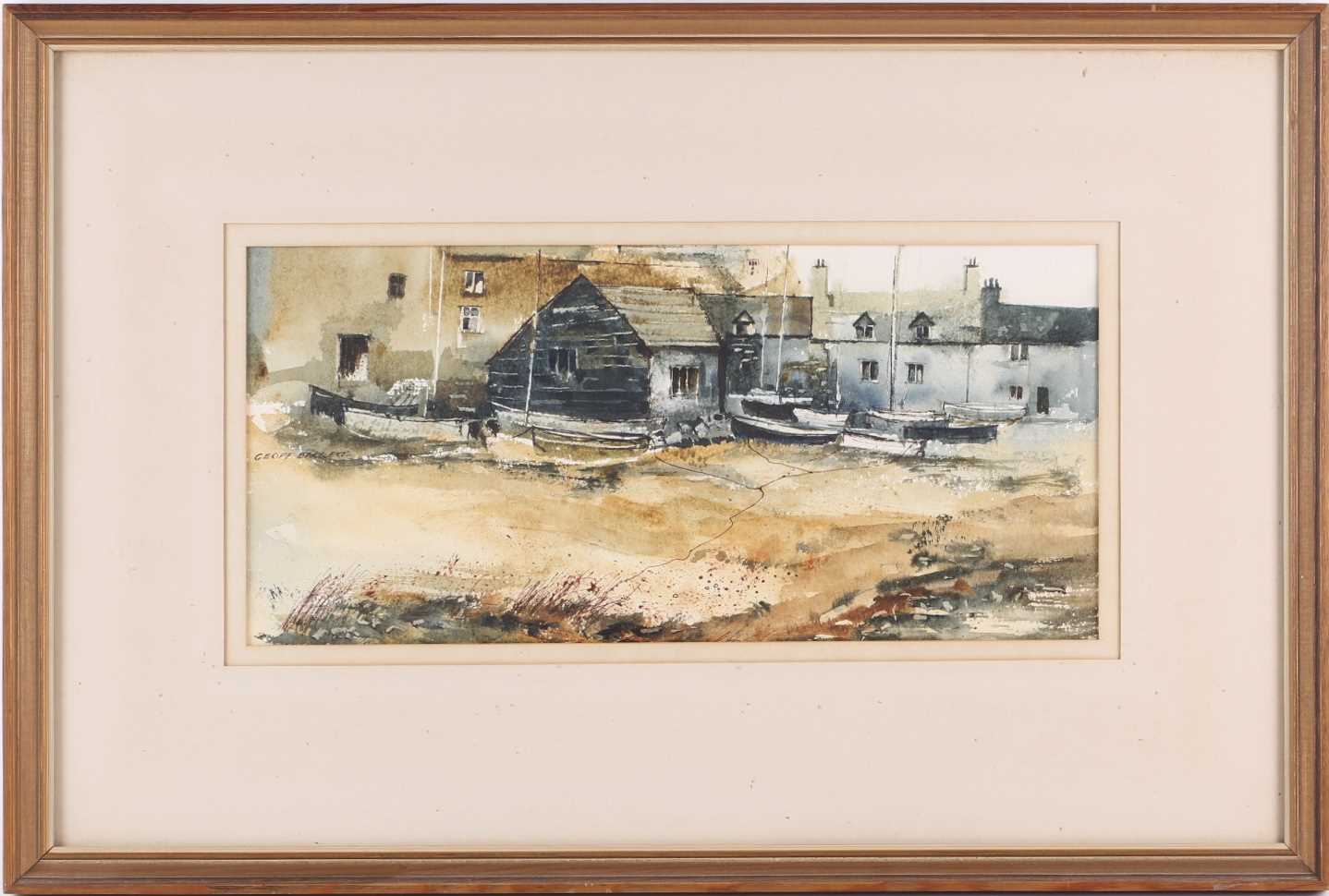 Geoff Bartlett (20th century), 'Fishermens Cottages', watercolour, signed to left side, 17 cm x 37