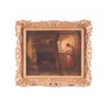 19th century English school, a girl in an interior, unsigned oil on canvas, 24.5 cm x 29.5 cm in a