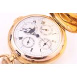 An 18ct gold cased minute repeater chronograph pocket watch, the white enamel dial with Roman